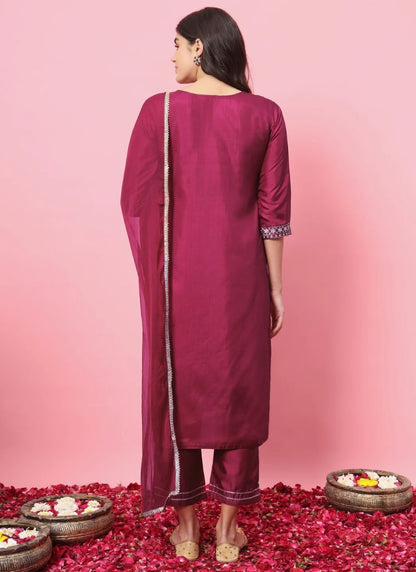 Red Silk Salwar Suit With Embroidery Work