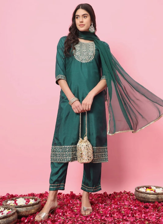 Green Silk Salwar Suit With Embroidery Work