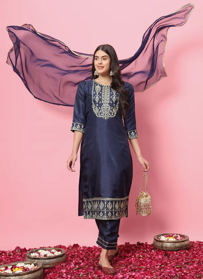 Navy Blue Silk Salwar Suit With Embroidery Work