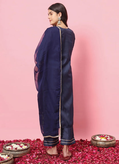 Navy Blue Silk Salwar Suit With Embroidery Work