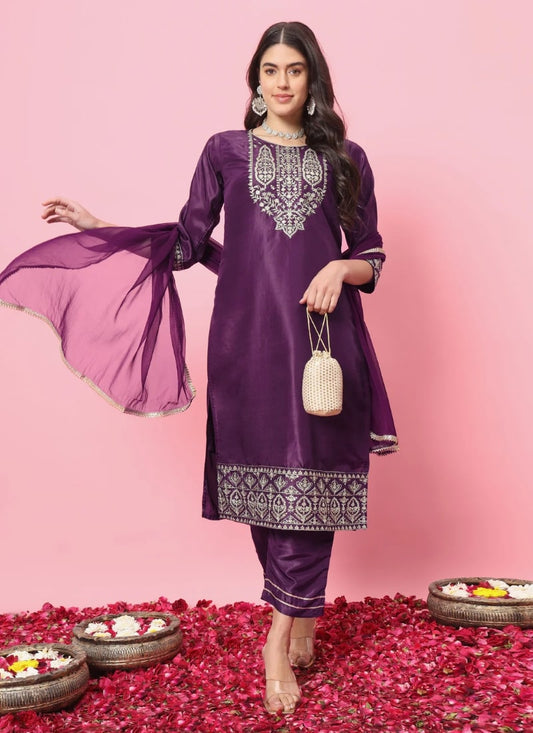 Purple Silk Salwar Suit With Embroidery Work