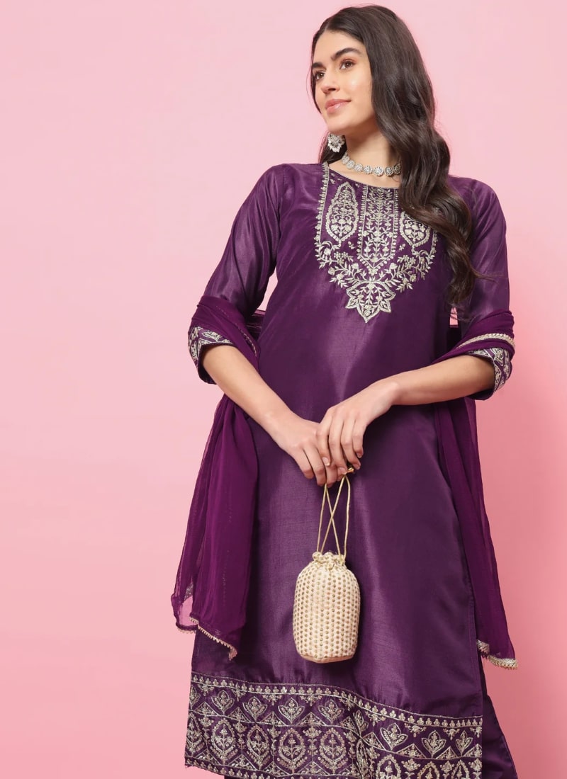 Purple Silk Salwar Suit With Embroidery Work