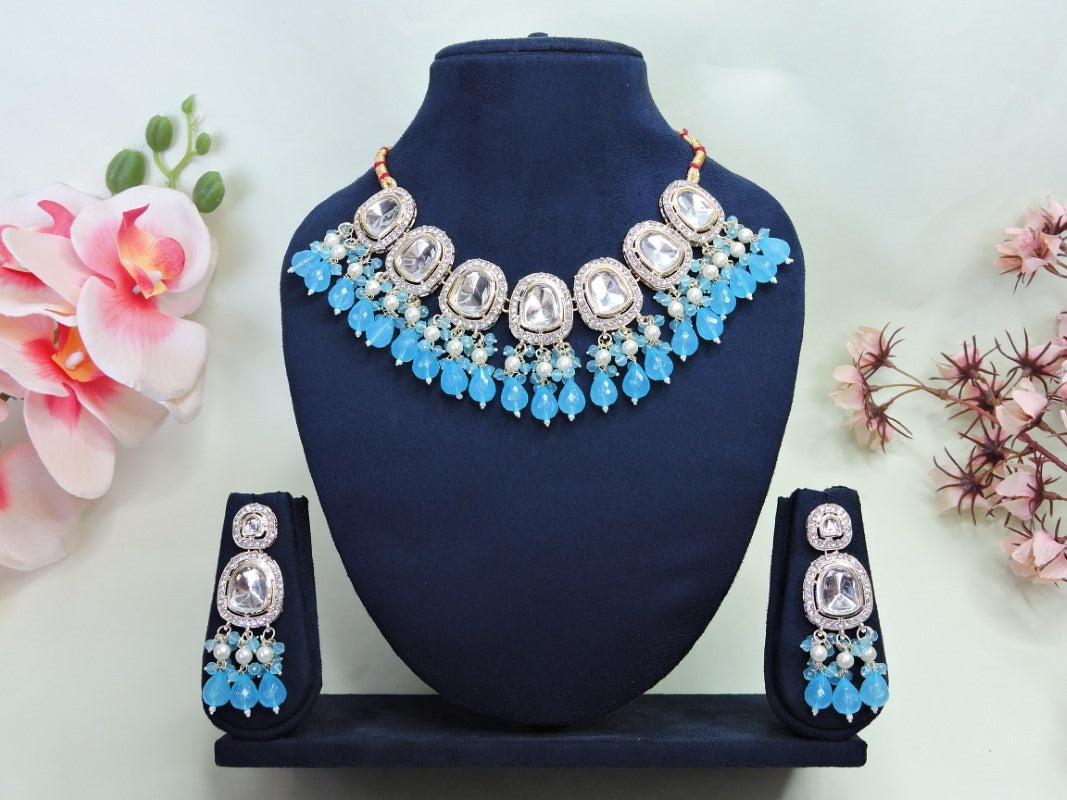 Blue Necklace Set With Moti With Stone Work