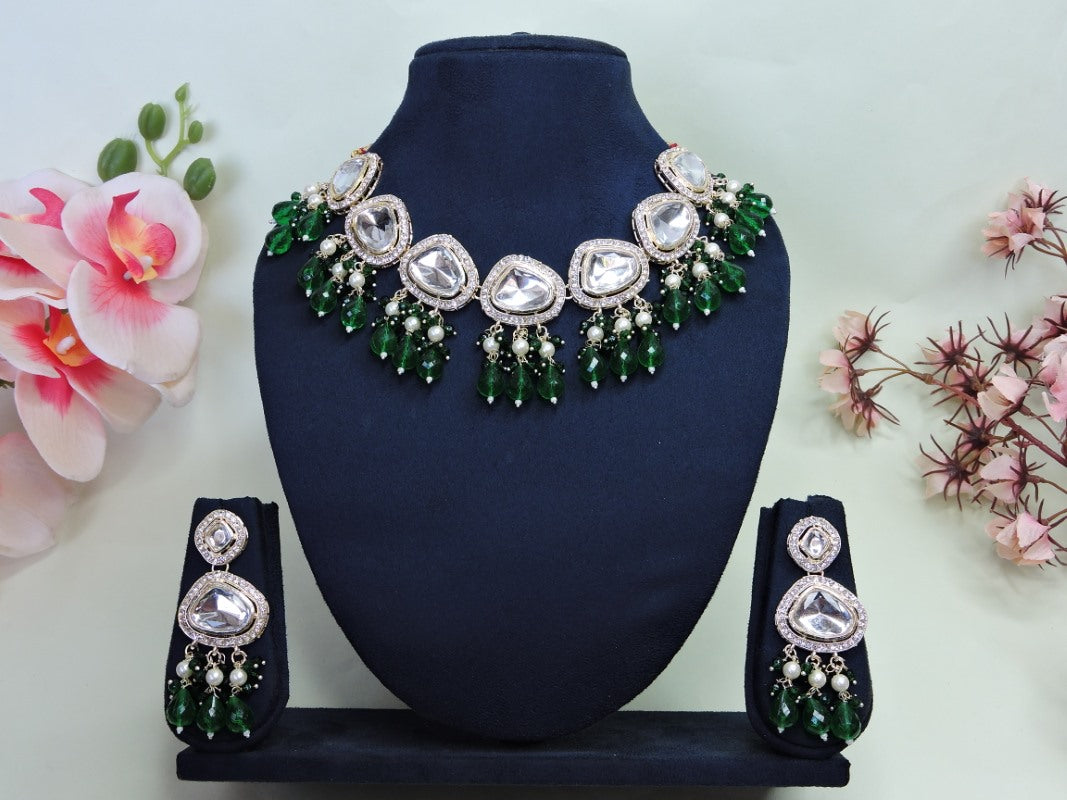 Green Necklace Set With Moti With Stone Work