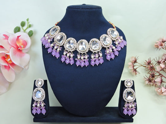 Purple Necklace Set With Moti With Stone Work