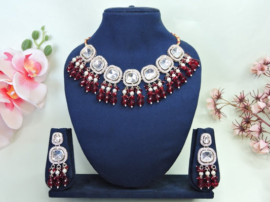 Maroon Necklace Set With Moti With Stone Work