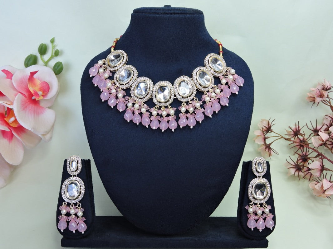 Pink Necklace Set With Moti With Stone Work