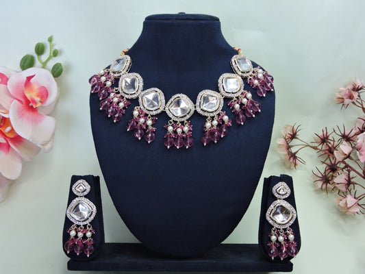 Purple Necklace Set With Moti With Stone Work