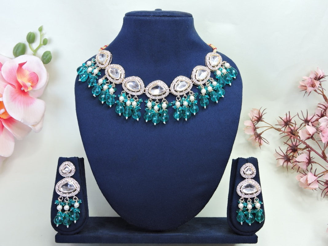 Green Necklace Set With Moti With Stone Work