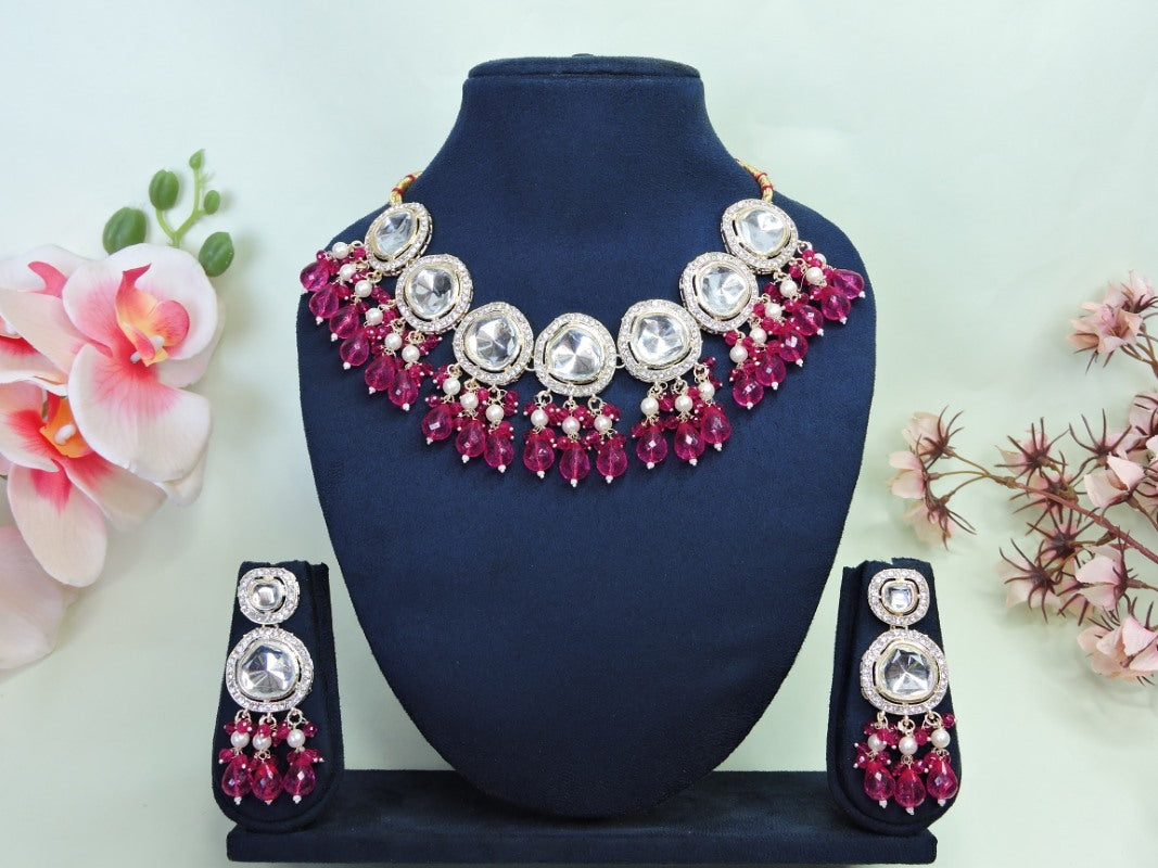 Red Necklace Set With Moti With Stone Work