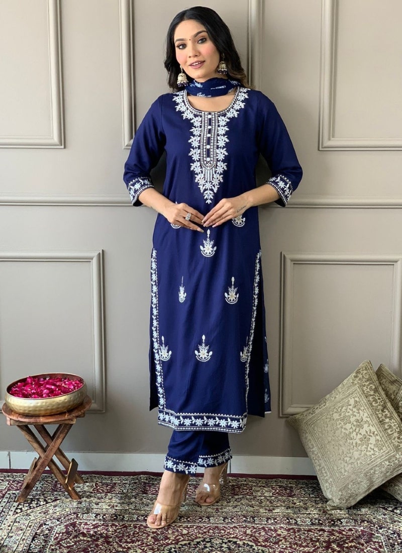 Blue Rayon Salwar Suit With Embroidery Work