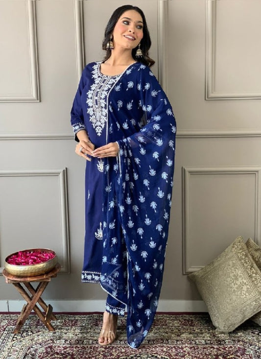 Blue Rayon Salwar Suit With Embroidery Work