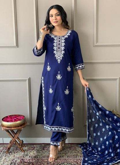 Blue Rayon Salwar Suit With Embroidery Work