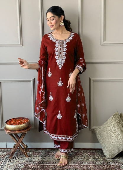 Red Rayon Salwar Suit With Embroidery Work