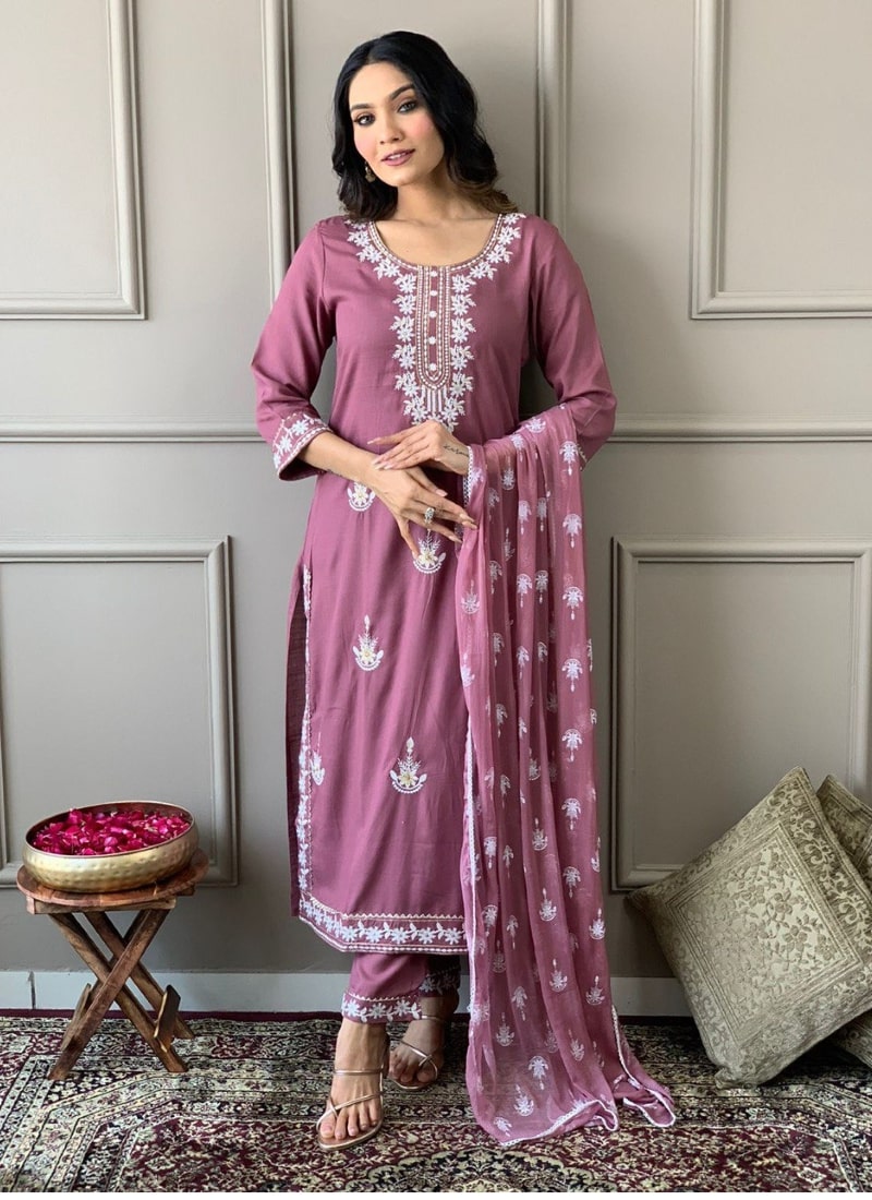 Pink Rayon Salwar Suit With Embroidery Work