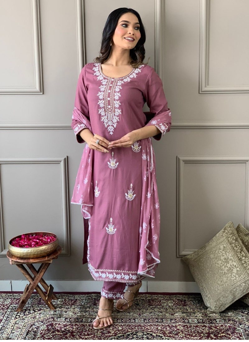 Pink Rayon Salwar Suit With Embroidery Work