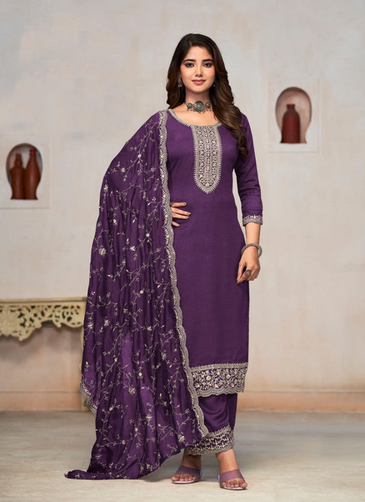 Purple Silk Palazzo Suit With Embroidery Work