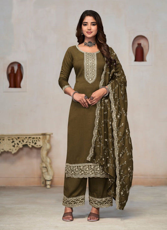 Olive Green Silk Palazzo Suit With Embroidery Work