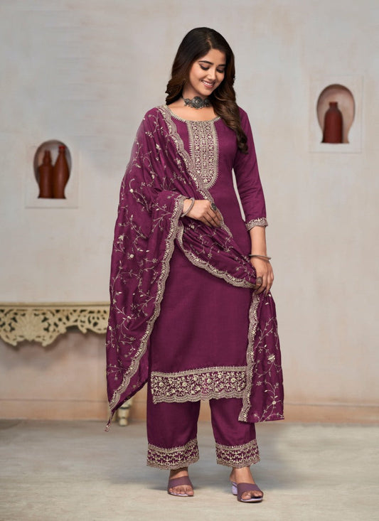Wine Silk Palazzo Suit With Embroidery Work