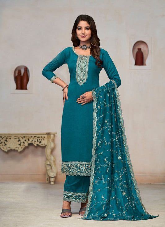 Teal Blue Silk Palazzo Suit With Embroidery Work