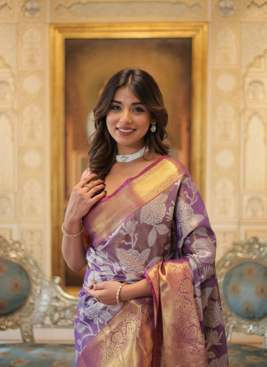 Purple Kanjivaram Silk Saree With Resham Work