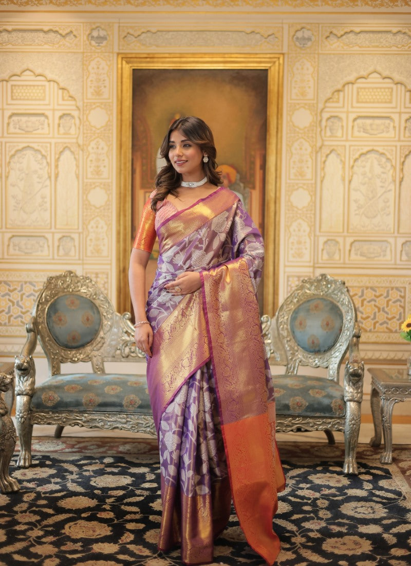 Purple Kanjivaram Silk Saree With Resham Work