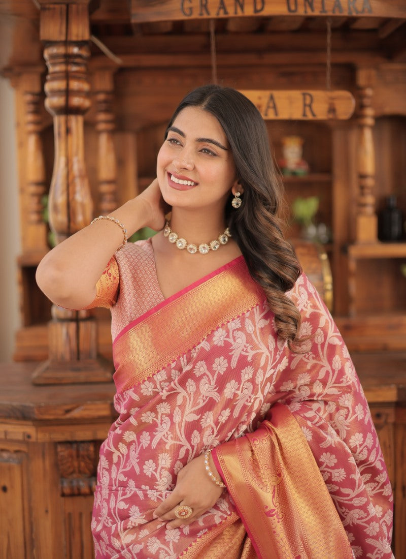 Peach Kanjivaram Silk Saree With Resham Work