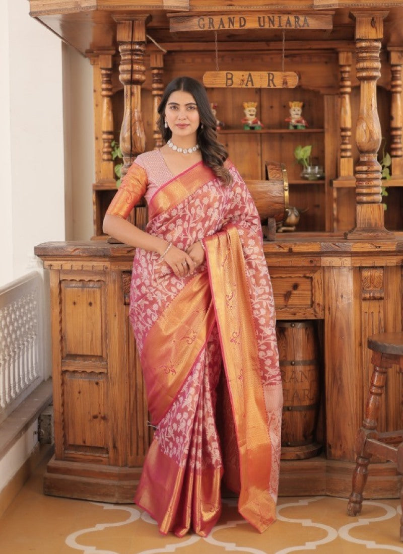 Peach Kanjivaram Silk Saree With Resham Work