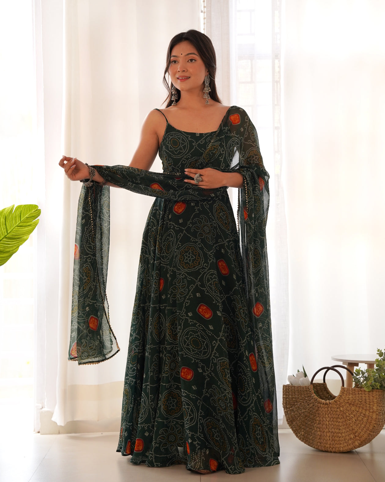 Green Georgette Anarkali Suit With Bandhani Print