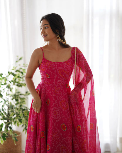 Pink Georgette Anarkali Suit With Bandhani Print