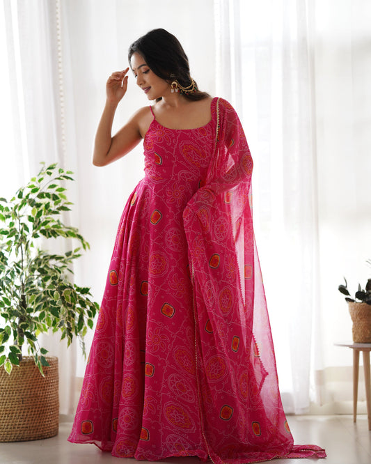 Pink Georgette Anarkali Suit With Bandhani Print