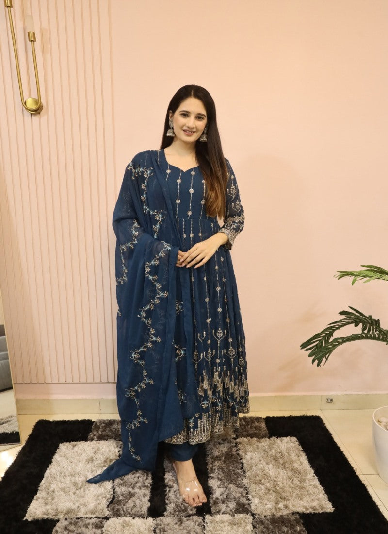 Navy Blue Georgette Anarkali Suit with Embroidered Work