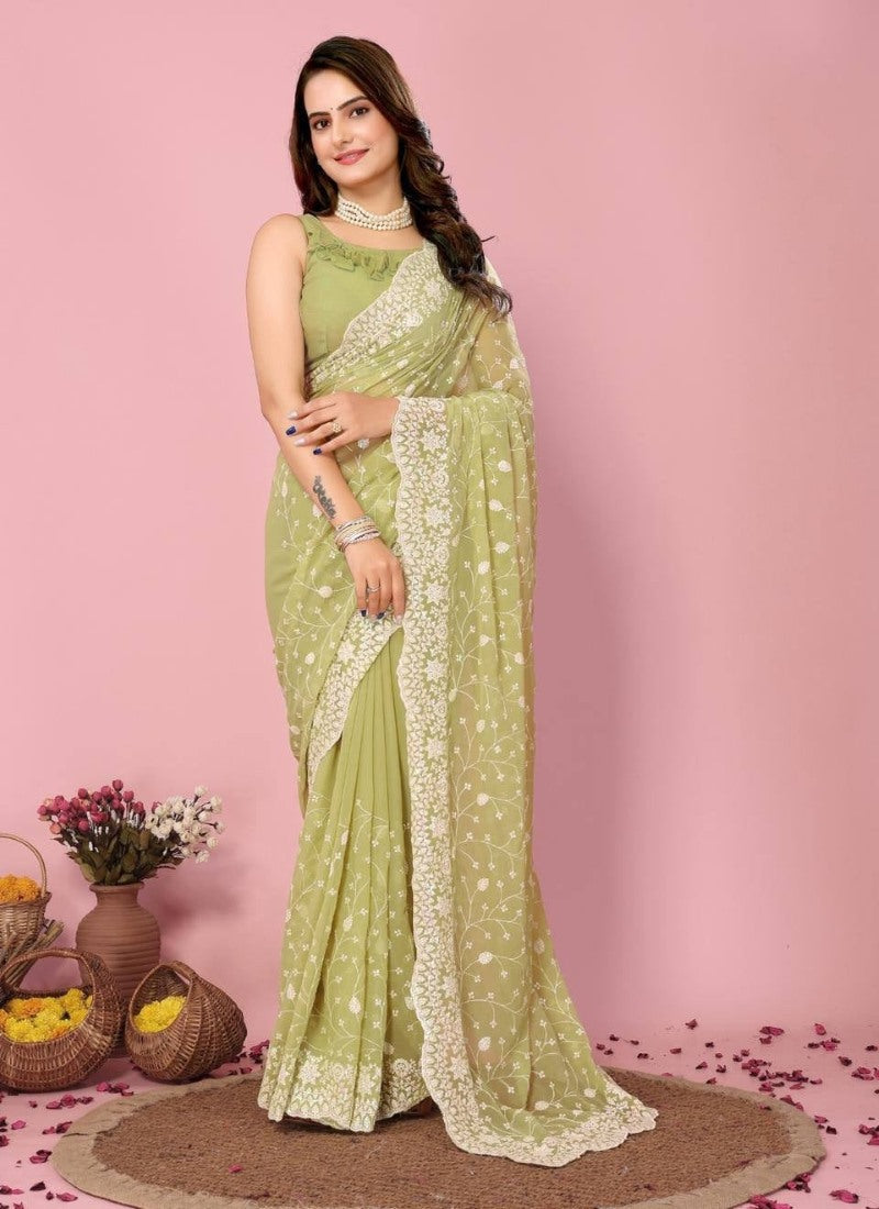 Pista Green Georgette Heavy Border Saree