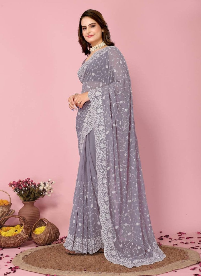 Lavender Georgette Heavy Border Saree