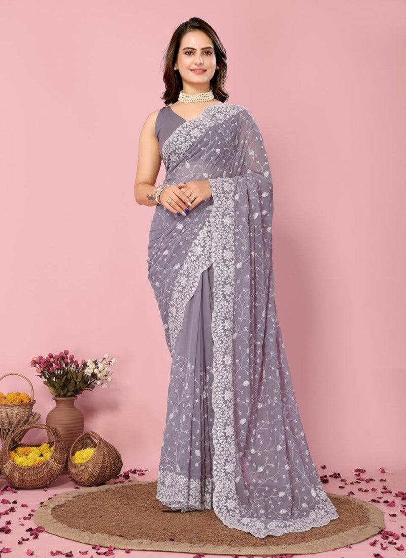 Lavender Georgette Heavy Border Saree