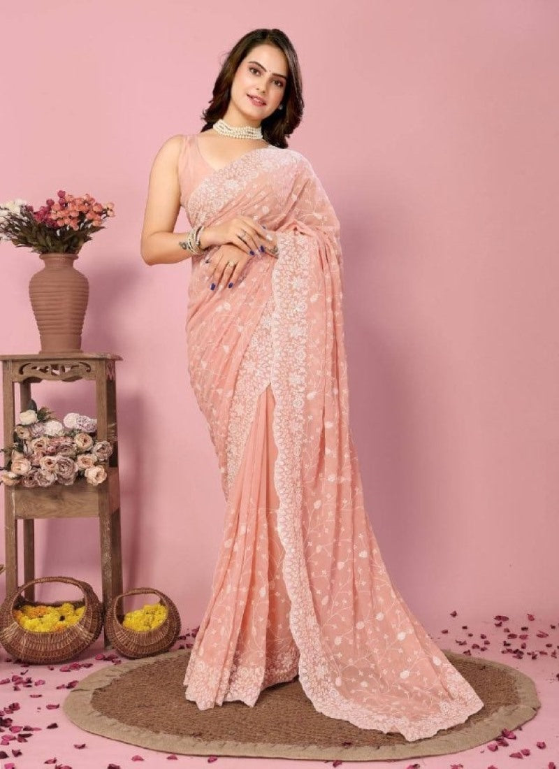 Peach Georgette Heavy Border Saree