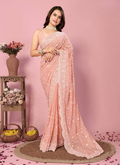 Peach Georgette Heavy Border Saree