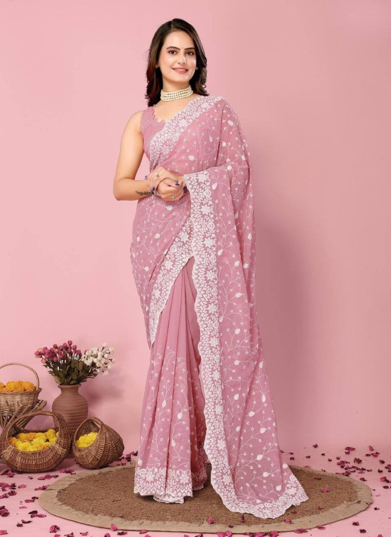 Pink Georgette Heavy Border Saree