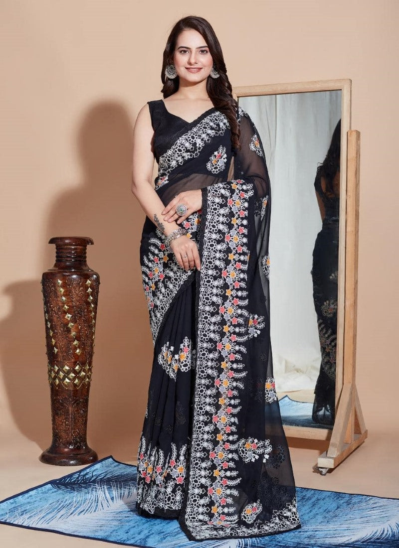 Black Georgette Heavy Border Saree