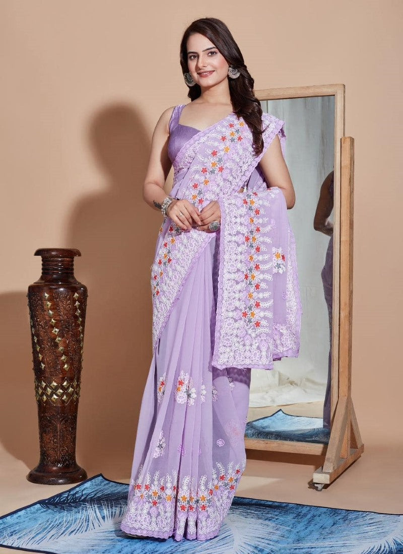 Lavender Georgette Heavy Border Saree