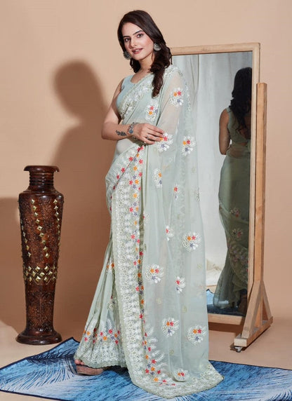 Gray Georgette Heavy Border Saree