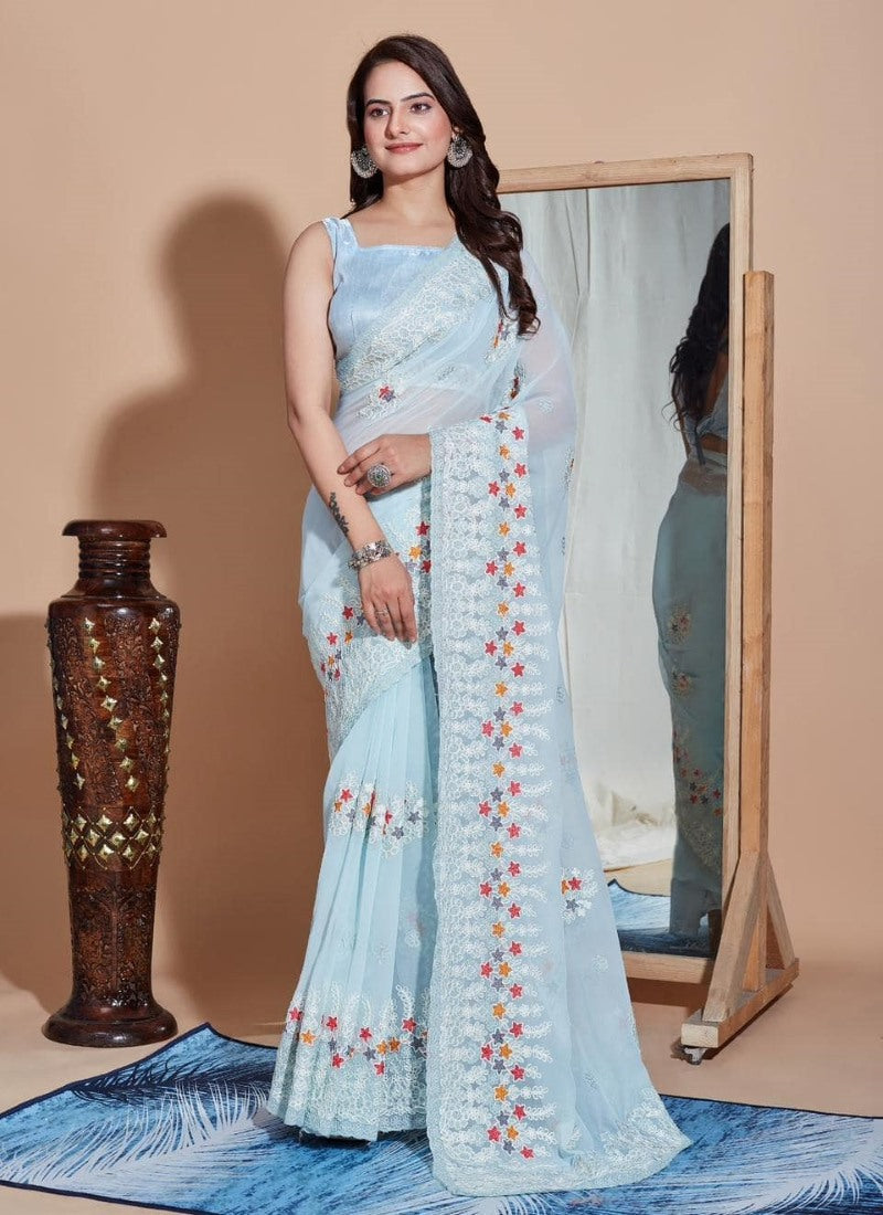 Sky Blue Georgette Heavy Border Saree