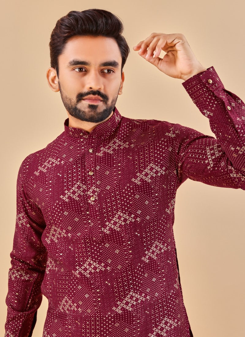 Wine Cotton Men's Kurta Pyjama