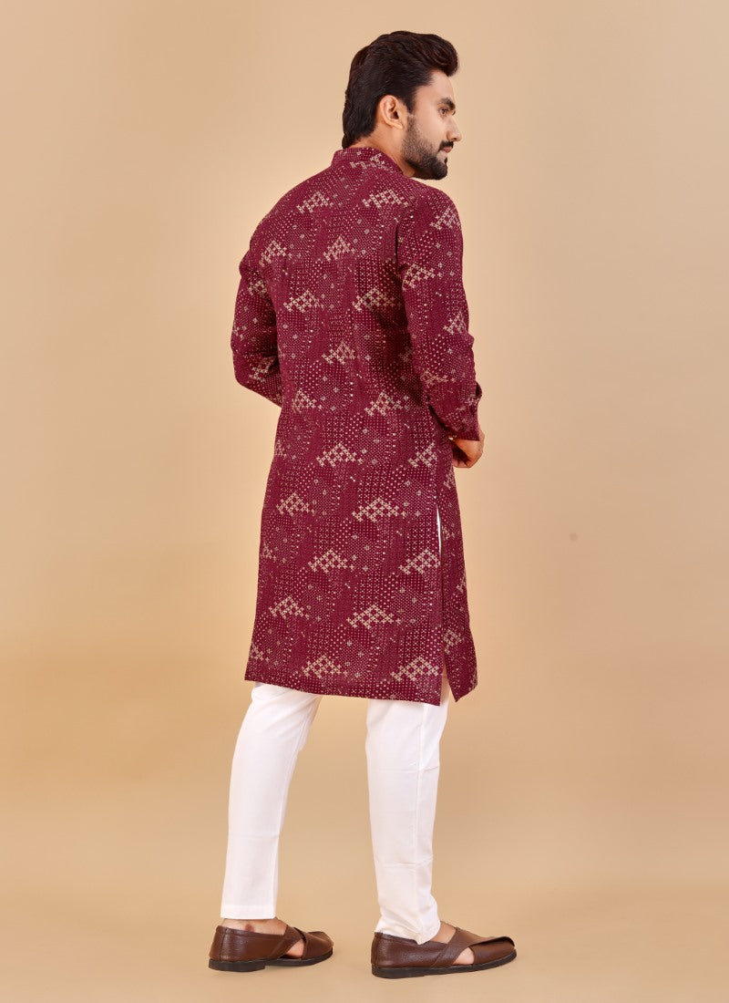 Wine Cotton Men's Kurta Pyjama