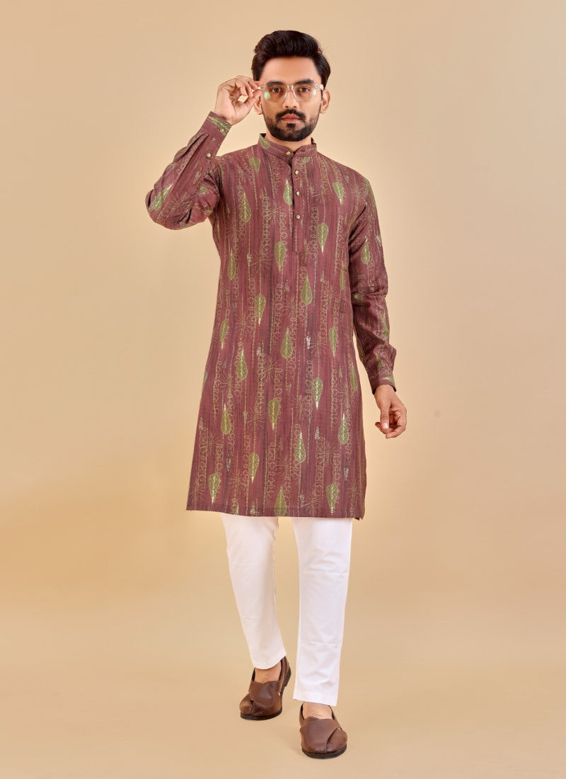 Maroon Cotton Men's Kurta Pyjama