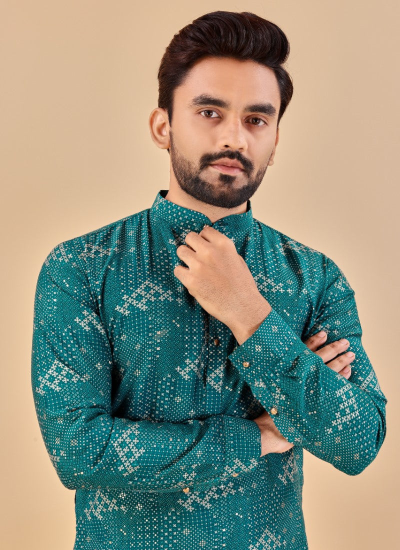 Green Cotton Men's Kurta Pyjama-2