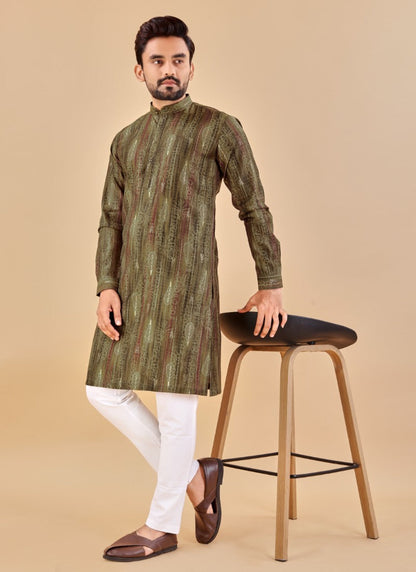 Olive Green Cotton Men's Kurta Pyjama-2