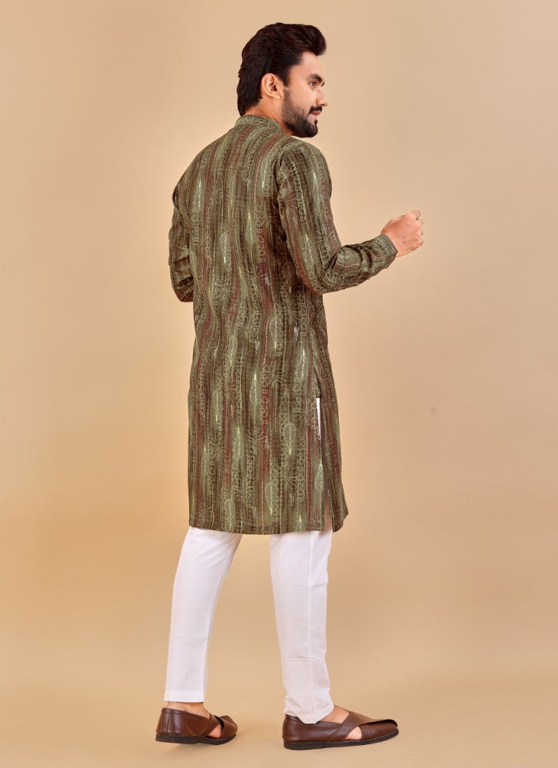 Olive Green Cotton Men's Kurta Pyjama