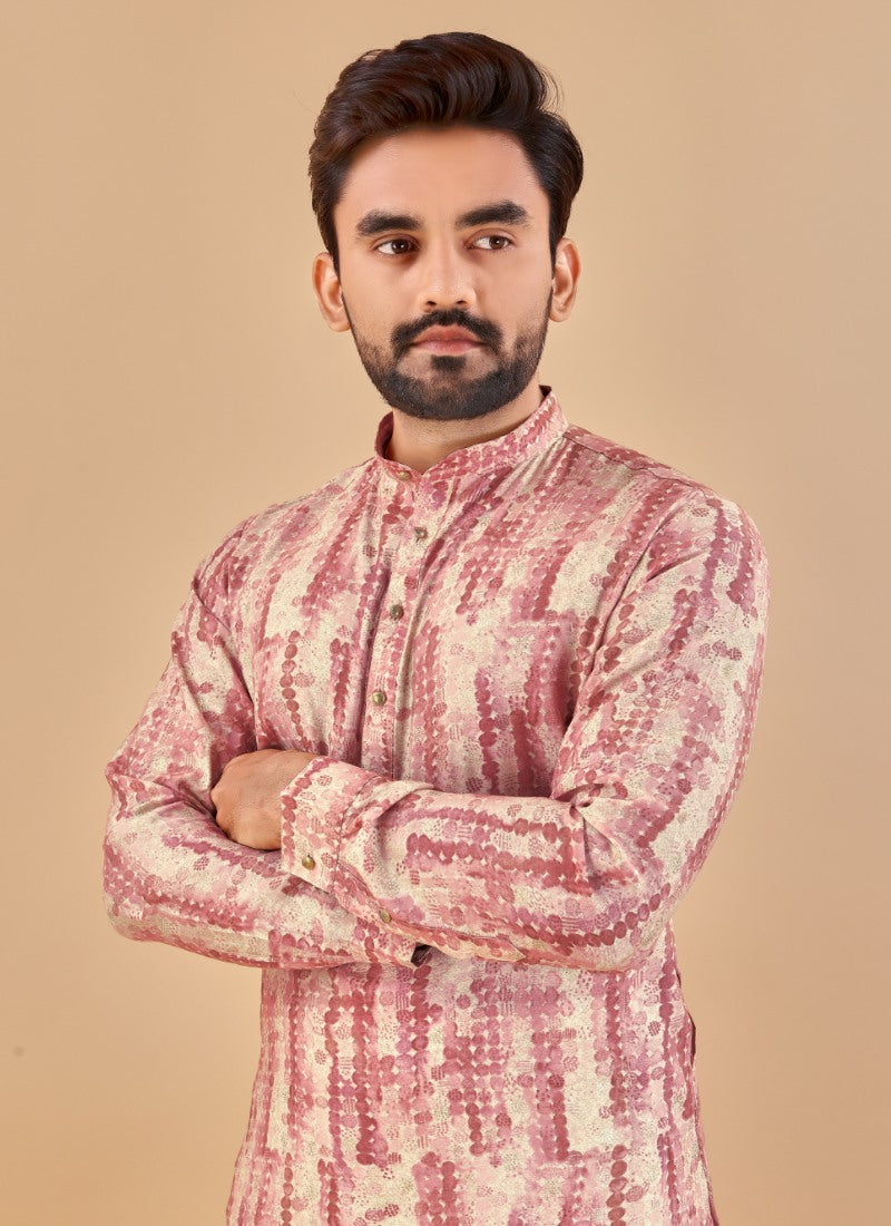 Pink Cotton Men's Kurta Pyjama-2