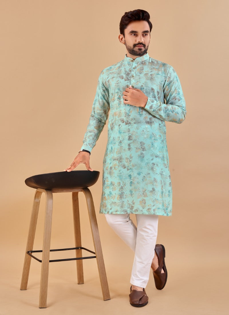 Sky Blue Cotton Men's Kurta Pyjama